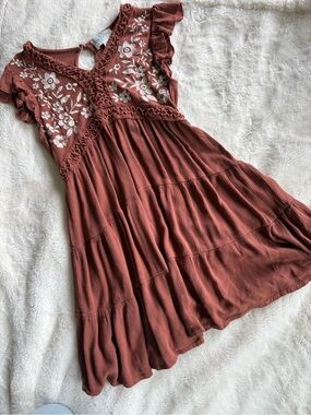 Rust Embroidered Boho Midi Dress